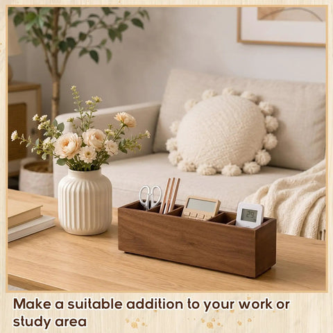 Wooden Desk Organizer With Six Compartments In Walnut Finish on a table, holding scissors, pens, and a small clock.