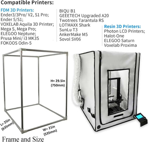 All In One 3D Printer Enclosure With Fume Extractor Eye Shield compatible with multiple 3D printer models, shown with frame and size dimensions.
