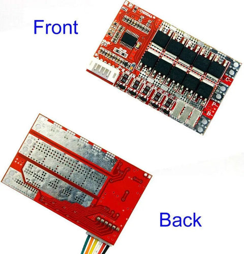 Premium 5S BMS Board For 18650 Lithium Cells Running Butter Smooth With 50A Balanced Charging viewed from front and back.