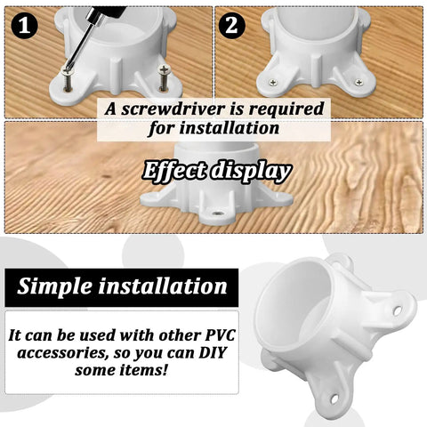 PVC Flange Fittings For One And A Half Inch PVC Pipe 12 Pack Gloss White Table Screw Caps shown with installation steps