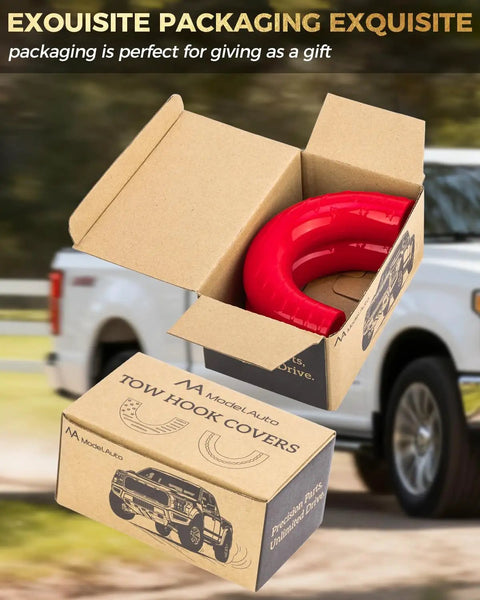 Red Tow Hook Cover Set For Ford F150 2004 To 2025 Ford Bronco 2021 To 2024 And Toyota Tundra 2017 To 2021 shown in packaging