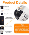 Product details showing M12 male aviation connector parts with screw terminal block and sealing gasket; IP67 waterproof design.
