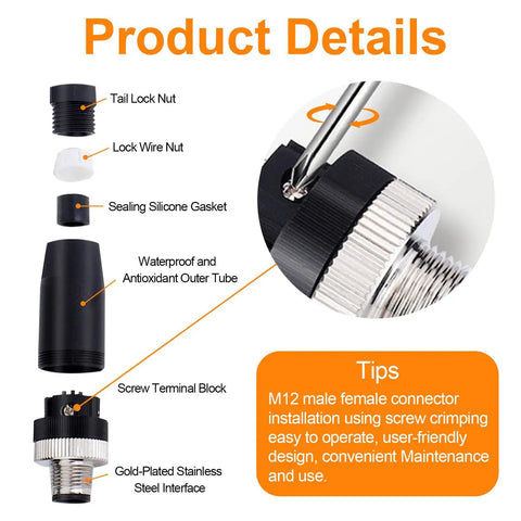 Product details showing M12 male aviation connector parts with screw terminal block and sealing gasket; IP67 waterproof design.