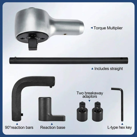 Hardcore Heavy Duty Torque Multiplier Wrench Set Featuring A Solid 1:6:5 Gear Ratio Boosts Your Strength And Makes Tightening Lug Nuts On Cars Trucks Or Rvs A Breeze Without Any Sweat Or Stress; includes torque multiplier, reaction bars, and adaptors.