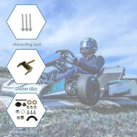 Beefed Up Go Kart Forward Reverse Gearbox With Snappy Three Speed Shifts Featuring A Plug And Play Setup Delivering Killer Performance For Four Stroke Engines Up To Thirteen Horsepower, includes mounting bolts, shifter disc, and mounting bolt kit.