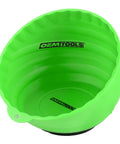 Green Six Inch Magnetic Nut Cup Bowl with logo, secures nuts and bolts, attaches to metal surfaces, rubber coated for protection.