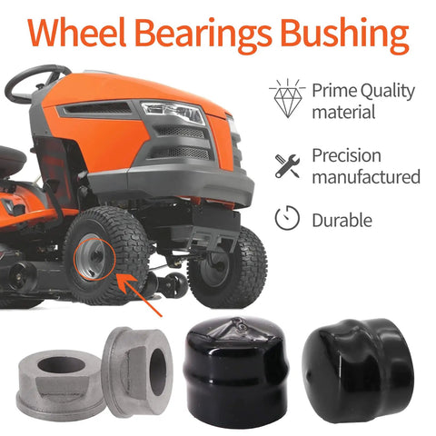 Wheel Bearing Cover Kit Replacement For John Deere Riding Mowers And Outdoor Power Equipment PVC Shield Fits M123811 M123253 R27434 24H1398 Z9972H Easy Install Durable Flange Tire Cover And Bearing Housing For Lawn Tractors DIY Friendly, shown with riding mower wheel bushing parts