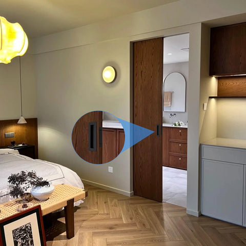 Sliding Pocket Door Handles 304 Stainless Steel Non Locking Pocket Door Hardware Recessed Flush Finger Pull Edge Pull Heavy Duty 6 Inch Satin Brass Finish Set for Smooth Gliding Doors with Rust Resistant Construction installed in a modern bedroom.