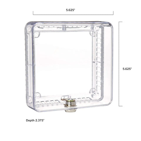 Locking Thermostat Guard Cover for Small 4.375 Inch Square Units Clear Plastic Shield with Built-In Keys shown with dimensions