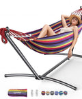 Double Hammock With Heavy Duty Steel Stand Portable Easy Assembly 600Lb Weight Capacity Adjustable Hooks Cotton Comfort Durable Frame Carrying Bag Included Ideal For Indoor Yard Camping And Outdoor Rainbow