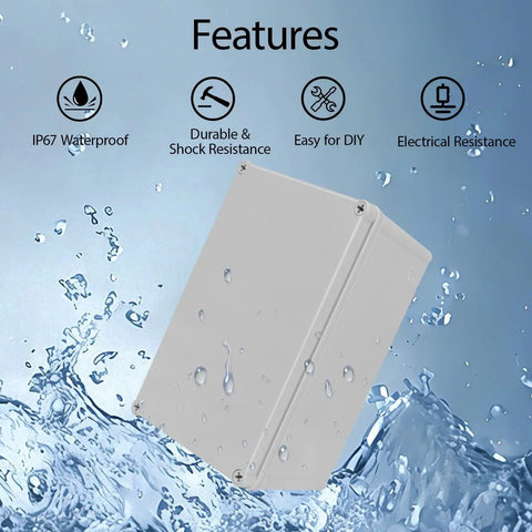 Heavy Duty Outdoor Junction Box With Mounting Plate IP67 Waterproof Electrical Enclosure Abs Project Case Built Tough For Diy Wiring And Gear Storage, water-resistant design with droplets.