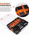 Adjustable compartments in stackable hardware tote with three plastic organizer totes, holder for small parts, screws, hardware.