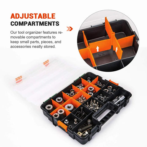 Adjustable compartments in stackable hardware tote with three plastic organizer totes, holder for small parts, screws, hardware.