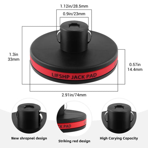 Tesla Lift Pad Set For Model 3 Y S X 2013 2026 0.9 Inch Lift Pads 4 Pack, black puck with red stripe and size measurements