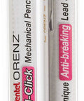 Orenz 0.2mm Mechanical Pencil With White Barrel, Super Sliding Sleeve Prevents Lead Breaks, packaged front view