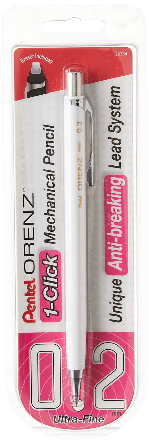 Orenz 0.2mm Mechanical Pencil With White Barrel, Super Sliding Sleeve Prevents Lead Breaks, packaged front view