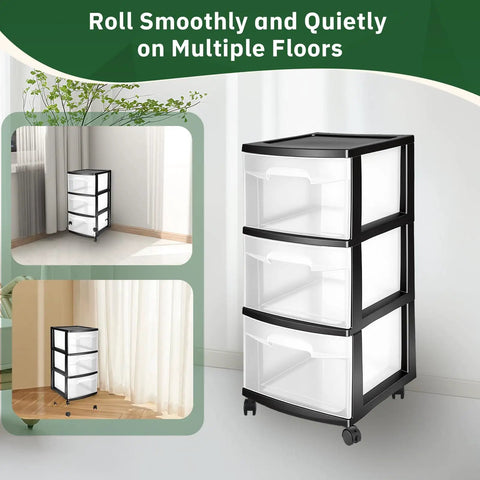 Quick Fix Snap Replace Casters For Sterilite 3 Drawer Cart in a corner for smooth, quiet movement on floors.