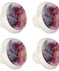 Four Pack Of One Point Three Seven Inch Round Cabinet Knobs Pink Marble Slick White Design Premium Glass Build Durable Stainless Steel Screws Included Top Shelf Kitchen Drawer Pulls Smooth Dresser Handles Fresh Home Decor Upgrade For Any Room, displaying round glass knobs.