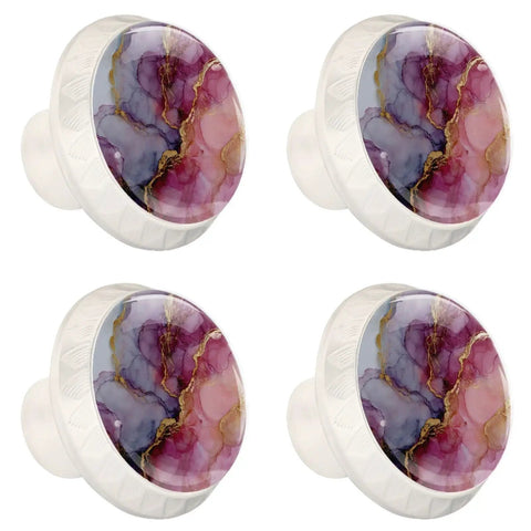 Four Pack Of One Point Three Seven Inch Round Cabinet Knobs Pink Marble Slick White Design Premium Glass Build Durable Stainless Steel Screws Included Top Shelf Kitchen Drawer Pulls Smooth Dresser Handles Fresh Home Decor Upgrade For Any Room, displaying round glass knobs.