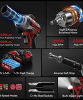 Heavy Duty Cordless Impact Wrench With Beefy Torque And No Sweat Operation 1350 Nm High Output Battery Powered Half Inch Drive Impact Gun, featuring torque stats and battery specs.