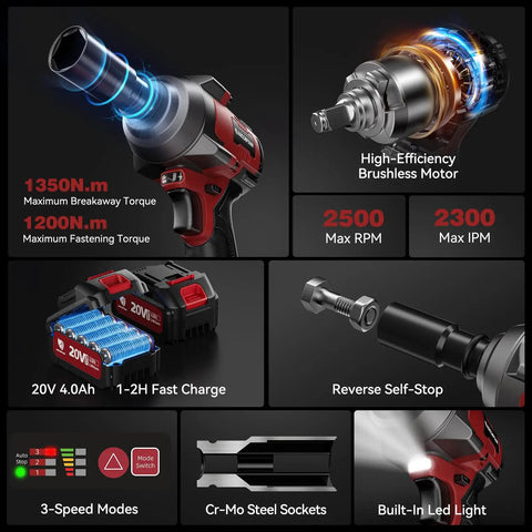 Heavy Duty Cordless Impact Wrench With Beefy Torque And No Sweat Operation 1350 Nm High Output Battery Powered Half Inch Drive Impact Gun, featuring torque stats and battery specs.