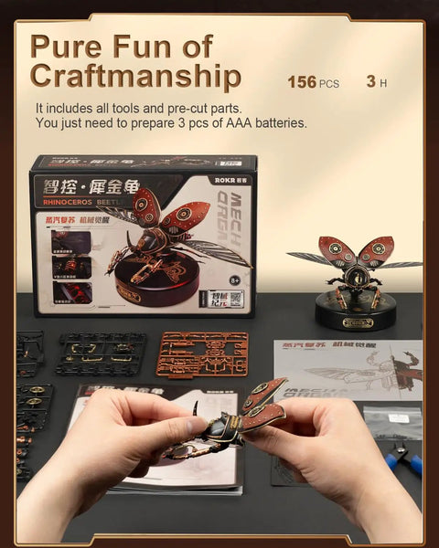 Hands assembling Electric Insect Metal Model Kit For Adults Biopunk Inspired Desk Toy Rhinoceros Beetle Build Kit Gift For Teens