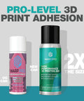 Two cans of Pro Grade 3D Printer Bed Adhesive Spray For Warp Free Prints Easy Spray On Build Plate Solution That Is Water Washable No More Glue Sticks Works With All Filaments And Build Surfaces displayed, showing old and new packaging sizes.