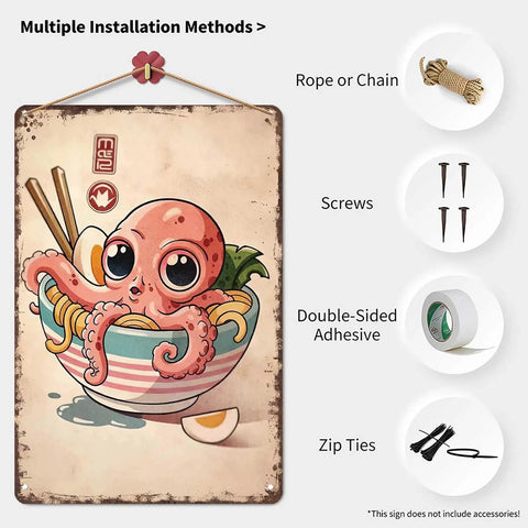 Funny Vintage Metal Sign Octopus In Ramen Bowl Illustration Tin Wall Art 8x12 Inches For Home Kitchen Office Garage Decor Humorous Retro Wall Decor Accent Piece For Fun Spaces