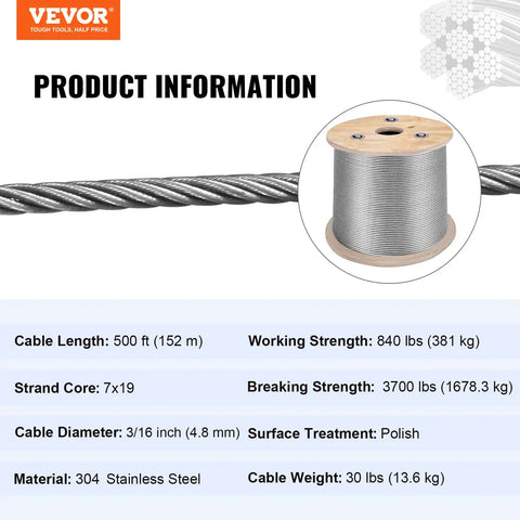 Image showing product details for Three Sixteenth Inch Stainless Steel Cable Braided Aircraft Wire Rope Seven By Nineteen Strands Marine Grade T304 Five Hundred Feet.
