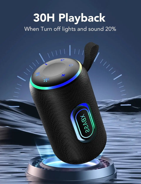 Powerful Outdoor Bluetooth Speaker With 30W Dual Drivers And Dual Channel, RGB Lights, shown on a futuristic platform