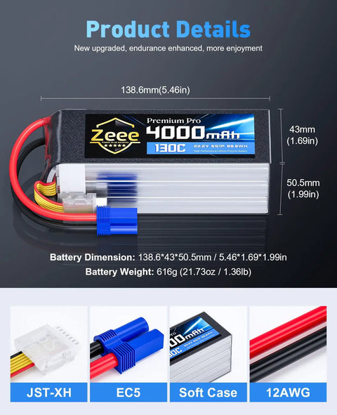 Beefy 6S LiPo Battery 4000mAh 22.2V 130C With EC5 Connector Ultra Low Internal Resistance Soft Case dimensions and features