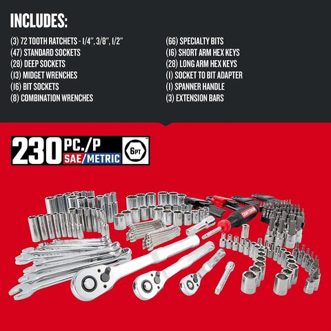 230 Piece Hand Tool And Socket Set With 3 Drawer Tool Box For Auto Repair And Home Projects, wrenches and sockets displayed