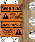 Warning Moving Equipment Metal Sign 8x12 Inch Aluminum Wall Decor with bolts, zip ties, and screws for attachment options.