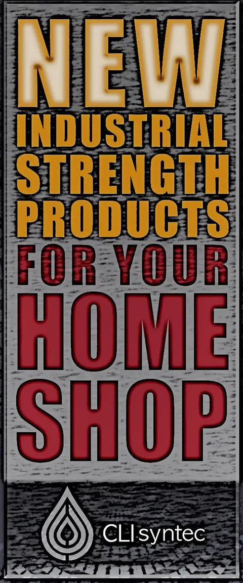 Text image displaying 'New Industrial Strength Products for Your Home Shop' and a logo at the bottom.