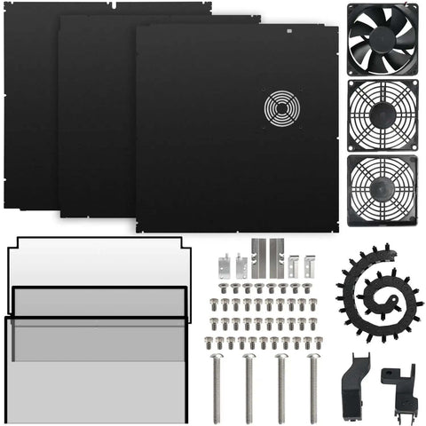 Metal and tempered glass open printer enclosure parts with drag chain and filter fan for SV08 upgrade, including panels and screws