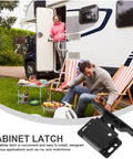 Rugged RV Cabinet Latches With Drawer Grabber Locks For Camper And Travel Trailer In Motion, Durable ABS Cabinet Door Catches For RV Drawers, Secure Camper Cabinet Latches Kit For Various RV Furnishings shown with black latch and RV camping scene