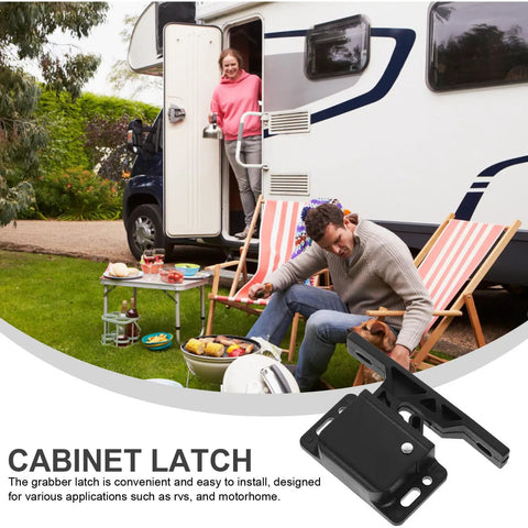 Rugged RV Cabinet Latches With Drawer Grabber Locks For Camper And Travel Trailer In Motion, Durable ABS Cabinet Door Catches For RV Drawers, Secure Camper Cabinet Latches Kit For Various RV Furnishings shown with black latch and RV camping scene