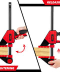 Heavy Duty Twenty Four Inch Bar Clamps Set With Five Hundred Fifty Pound Rock Solid Grip For Woodworking And Carpentry tool in use tightening and releasing.