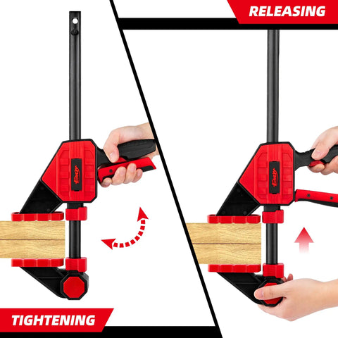 Heavy Duty Twenty Four Inch Bar Clamps Set With Five Hundred Fifty Pound Rock Solid Grip For Woodworking And Carpentry tool in use tightening and releasing.