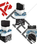 Three views of Two Pack 22mm Metal Head 3 Position Maintained Selector Switch with 2 Normally Open Contacts, 660VAC 10A Rating.