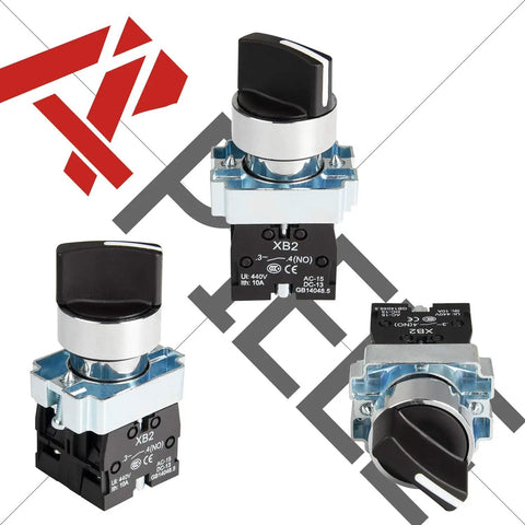 Three views of Two Pack 22mm Metal Head 3 Position Maintained Selector Switch with 2 Normally Open Contacts, 660VAC 10A Rating.