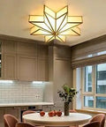 Moravian Star Glass Ceiling Light With Brass Flush Mount, Ceramic Socket And Frosted Shade in modern dining room, 19.7 inch.