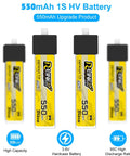 4 Pack BT2.0 550mAh 1S LiPo Battery 3.8V 95C FPV Power for Tiny Whoop Drones, showing front and side views of yellow batteries.