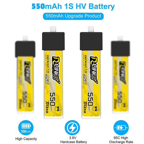 4 Pack BT2.0 550mAh 1S LiPo Battery 3.8V 95C FPV Power for Tiny Whoop Drones, showing front and side views of yellow batteries.