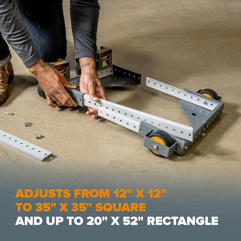 Heavy Duty Universal Mobile Tool Base With 3 Inch Non Marking Wheels, 650 Lb Capacity being adjusted on concrete floor