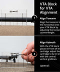 Close-up of VTA block usage for turntable alignment showing tonearm and azimuth adjustment guides in use