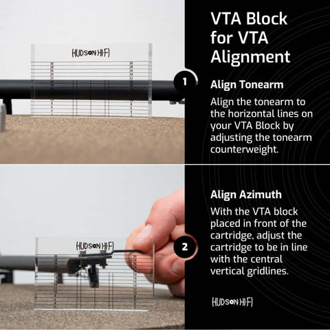 Close-up of VTA block usage for turntable alignment showing tonearm and azimuth adjustment guides in use