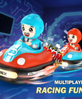 Two Player RC Bumper Cars Set For Kids 3 And Up with LED Lights in motion, featuring colorful blue and red remote control cars.