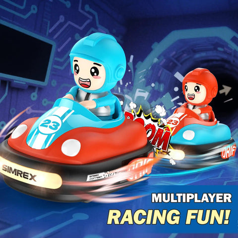 Two Player RC Bumper Cars Set For Kids 3 And Up with LED Lights in motion, featuring colorful blue and red remote control cars.