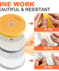 Product image of Eight Pack 6 Inch Polishing Wheel Set For Bench Grinder showing yellow 42-ply, white 50-ply, and soft flannel 30-ply wheels with text 'Fine Work Beautiful & Resistant.'